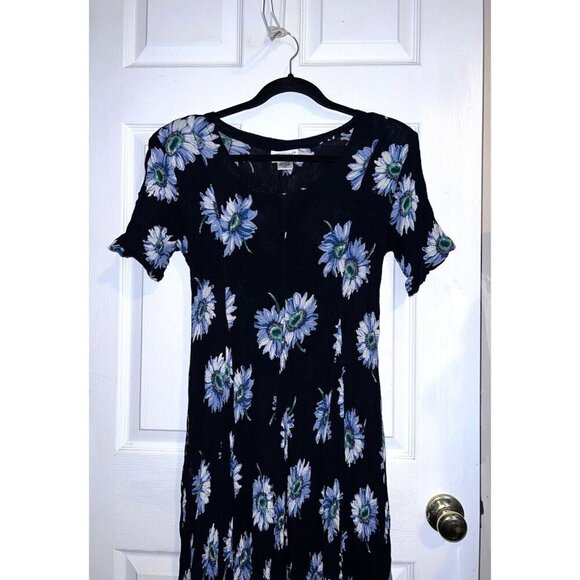 Vintage 90S AMERICAN ANGEL Navy Floral Crinkle Maxi Dress Goth Cottagecore - Picture 2 of 11